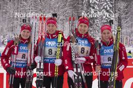 17.01.2016, Ruhpolding, Germany (GER): Marte Olsbu (NOR), Fanny Horn Birkeland (NOR), Synnoeve Solemdal (NOR), Tiril Eckhoff (NOR), (l-r) -  IBU world cup biathlon, relay women, Ruhpolding (GER). www.nordicfocus.com. © Manzoni/NordicFocus. Every downloaded picture is fee-liable.