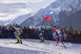 24.01.2016, Antholz, Italy (ITA): Vladimir Chepelin (BLR), Quentin Fillon Maillet (FRA), Tim Burke (USA), (l-r) -  IBU world cup biathlon, relay men, Antholz (ITA). www.nordicfocus.com. © Manzoni/NordicFocus. Every downloaded picture is fee-liable.