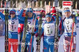 24.01.2016, Antholz, Italy (ITA): Martin Fourcade (FRA), Dmitry Malyshko (RUS), Evgeniy Garanichev (RUS), Anton Shipulin (RUS), (l-r) -  IBU world cup biathlon, relay men, Antholz (ITA). www.nordicfocus.com. © Manzoni/NordicFocus. Every downloaded picture is fee-liable.