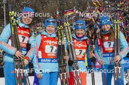 24.01.2016, Antholz, Italy (ITA): Ekaterina Shumilova (RUS), Anastasia Zagoruiko (RUS), Ekaterina Yurlova (RUS), Olga Podchufarova (RUS), (l-r) -  IBU world cup biathlon, relay women, Antholz (ITA). www.nordicfocus.com. © Manzoni/NordicFocus. Every downloaded picture is fee-liable.