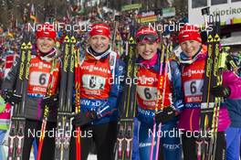 24.01.2016, Antholz, Italy (ITA): Eva Puskarcikova (CZE), Lucie Charvatova (CZE), Gabriela Soukalova (CZE), Veronika Vitkova (CZE), (l-r) -  IBU world cup biathlon, relay women, Antholz (ITA). www.nordicfocus.com. © Manzoni/NordicFocus. Every downloaded picture is fee-liable.
