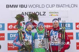 22.01.2016, Antholz, Italy (ITA): Maxim Tsvetkov (RUS), Simon Schempp (GER), Tarjei Boe (NOR), (l-r) -  IBU world cup biathlon, sprint men, Antholz (ITA). www.nordicfocus.com. © Manzoni/NordicFocus. Every downloaded picture is fee-liable.