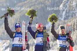 21.01.2016, Antholz, Italy (ITA): Anais Bescond (FRA), Olena Pidhrushna (UKR), Marie Dorin (FRA), (l-r) -  IBU world cup biathlon, sprint women, Antholz (ITA). www.nordicfocus.com. © Manzoni/NordicFocus. Every downloaded picture is fee-liable.