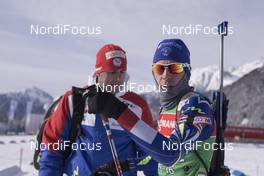 19.01.2016, Antholz, Italy (ITA): Stephane Bouthiaux (FRA) coach Team France, Quentin Fillon Maillet (FRA), (l-r) -  IBU world cup biathlon, training, Antholz (ITA). www.nordicfocus.com. © Manzoni/NordicFocus. Every downloaded picture is fee-liable.