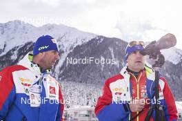 20.01.2016, Antholz, Italy (ITA): Stephane Bouthiaux (FRA) coach Team France, Siegfried Mazet (FRA) coach team France, (l-r) -  IBU world cup biathlon, training, Antholz (ITA). www.nordicfocus.com. © Manzoni/NordicFocus. Every downloaded picture is fee-liable.