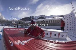 19.01.2016, Antholz, Italy (ITA): Event Feature: Infront technicians prepare the start gate -  IBU world cup biathlon, training, Antholz (ITA). www.nordicfocus.com. © Manzoni/NordicFocus. Every downloaded picture is fee-liable.