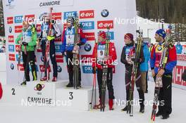 06.02.2016, Canmore, Canada (CAN): Benedikt Doll (GER), Dominik Windisch (ITA), Quentin Fillon Maillet (FRA), Dominik Landertinger (AUT), Andrejs Rastorgujevs (LAT), Martin Fourcade (FRA), (l-r) -  IBU world cup biathlon, mass men, Canmore (CAN). www.nordicfocus.com. © Manzoni/NordicFocus. Every downloaded picture is fee-liable.