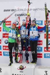 06.02.2016, Canmore, Canada (CAN): Benedikt Doll (GER), Dominik Windisch (ITA), Quentin Fillon Maillet (FRA), (l-r) -  IBU world cup biathlon, mass men, Canmore (CAN). www.nordicfocus.com. © Manzoni/NordicFocus. Every downloaded picture is fee-liable.