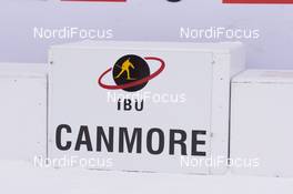 06.02.2016, Canmore, Canada (CAN): Event Feature: The podium with the IBU logo -  IBU world cup biathlon, mass men, Canmore (CAN). www.nordicfocus.com. © Manzoni/NordicFocus. Every downloaded picture is fee-liable.