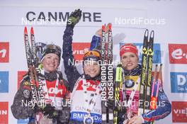 06.02.2016, Canmore, Canada (CAN): Marie Dorin (FRA), Dorothea Wierer (ITA), Gabriela Soukalova (CZE), (l-r) -  IBU world cup biathlon, mass women, Canmore (CAN). www.nordicfocus.com. © Manzoni/NordicFocus. Every downloaded picture is fee-liable.
