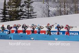 07.02.2016, Canmore, Canada (CAN): Fuyuko Tachizaki (JPN), Lucie Charvatova (CZE), Lisa Vittozzi (ITA), Lisa Theresa Hauser (AUT), Igor Vasilev (BUL), Iryna Varvynets (UKR), Luise Kummer (GER), Olga Podchufarova (RUS), Hilde Fenne (NOR), (l-r) -  IBU world cup biathlon, single mixed relay, Canmore (CAN). www.nordicfocus.com. © Manzoni/NordicFocus. Every downloaded picture is fee-liable.