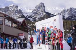 04.02.2016, Canmore, Canada (CAN): Anton Shipulin (RUS), Martin Fourcade (FRA), Simon Schempp (GER), Julian Eberhard (AUT), Dominik Landertinger (AUT), Simon Eder (AUT), (l-r) -  IBU world cup biathlon, sprint men, Canmore (CAN). www.nordicfocus.com. © Manzoni/NordicFocus. Every downloaded picture is fee-liable.