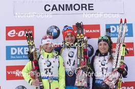 05.02.2016, Canmore, Canada (CAN): Krystyna Guzik (POL), Olena Pidhrushna (UKR), Dorothea Wierer (ITA), (l-r) -  IBU world cup biathlon, sprint women, Canmore (CAN). www.nordicfocus.com. © Manzoni/NordicFocus. Every downloaded picture is fee-liable.