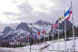 02.02.2016, Canmore, Canada (CAN): Event Feature: Overview with flags and the Rocky Mountains -  IBU world cup biathlon, training, Canmore (CAN). www.nordicfocus.com. © Manzoni/NordicFocus. Every downloaded picture is fee-liable.