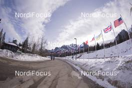 03.02.2016, Canmore, Canada (CAN): Event Feature: The stadium main street with flags -  IBU world cup biathlon, training, Canmore (CAN). www.nordicfocus.com. © Manzoni/NordicFocus. Every downloaded picture is fee-liable.