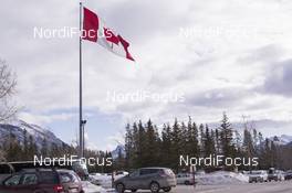 02.02.2016, Canmore, Canada (CAN): Event Feature: A canadian flags waves at the stadium entrance -  IBU world cup biathlon, training, Canmore (CAN). www.nordicfocus.com. © Manzoni/NordicFocus. Every downloaded picture is fee-liable.