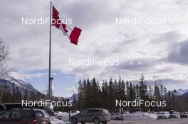 02.02.2016, Canmore, Canada (CAN): Event Feature: A canadian flags waves at the stadium entrance -  IBU world cup biathlon, training, Canmore (CAN). www.nordicfocus.com. © Manzoni/NordicFocus. Every downloaded picture is fee-liable.