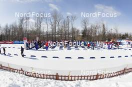 12.02.2016, Presque Isle, United States of America (USA): Event Feature: The field is lined up for the start -  IBU world cup biathlon, pursuit men, Presque Isle (USA). www.nordicfocus.com. © Manzoni/NordicFocus. Every downloaded picture is fee-liable.