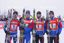 13.02.2016, Presque Isle, United States of America (USA): Jean Guillaume Beatrix (FRA), Quentin Fillon Maillet (FRA), Simon Fourcade (FRA), Simon Desthieux (FRA), (l-r) -  IBU world cup biathlon, relay men, Presque Isle (USA). www.nordicfocus.com. © Manzoni/NordicFocus. Every downloaded picture is fee-liable.