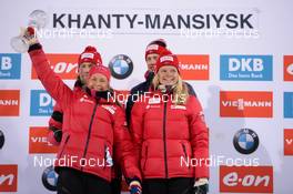 19.03.2016, Khanty-Mansiysk, Russia (RUS): Team Norway with Erlend Bjoentegaard (NOR), Ingrid Landmark Tandrevold (NOR), Tarjei Boe (NOR), Kaia Woeien Nicolaisen (NOR) (l-r) -  IBU world cup biathlon,  cups, Khanty-Mansiysk (RUS). www.nordicfocus.com. © Tumashov/NordicFocus. Every downloaded picture is fee-liable.