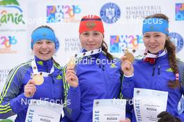 01.02.2016, Cheile Gradistei, Romania (ROU): SHEVNINA Polina(RUS), VASNETCOVA Valeriia(RUS), PERVAKOVA Iaroslava(RUS) - IBU Youth and Junior world ski championships biathlon, medals, Cheile Gradistei (ROU). www.nordicfocus.com. © Tumashov/NordicFocus. Every downloaded picture is fee-liable.