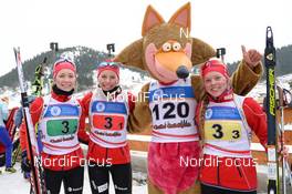 01.02.2016, Cheile Gradistei, Romania (ROU): KALKENBERG Emilie Aagheim(NOR),  SKJEVDAL Kristina(NOR), ERDAL Karoline(NOR)  - IBU Youth and Junior world ski championships biathlon, relay women youth, Cheile Gradistei (ROU). www.nordicfocus.com. © Tumashov/NordicFocus. Every downloaded picture is fee-liable.