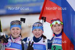 01.02.2016, Cheile Gradistei, Romania (ROU):  PERVAKOVA Iaroslava(RUS), SHEVNINA Polina(RUS), VASNETCOVA Valeriia(RUS) - IBU Youth and Junior world ski championships biathlon, relay women youth, Cheile Gradistei (ROU). www.nordicfocus.com. © Tumashov/NordicFocus. Every downloaded picture is fee-liable.
