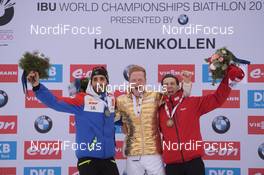 13.03.2016, Oslo, Norway (NOR): Martin Fourcade (FRA), Ole Einar Bjoerndalen (NOR), Johannes Thingnes Boe (NOR) - IBU world championships biathlon, mass men, Oslo (NOR). www.nordicfocus.com. © Tumashov/NordicFocus. Every downloaded picture is fee-liable.