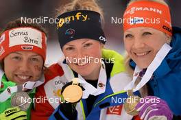 13.03.2016, Oslo, Norway (NOR): Kaisa Makarainen (FIN), Laura Dahlmeier (GER), Marie Dorin Habert (FRA) - IBU world championships biathlon, mass women, Oslo (NOR). www.nordicfocus.com. © Tumashov/NordicFocus. Every downloaded picture is fee-liable.