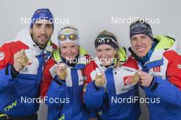 03.03.2016, Oslo, Norway (NOR): Martin Fourcade (FRA), Marie Dorin Habert (FRA), Anais Bescond (FRA), Quentin Fillon Maillet (FRA) - IBU world championships biathlon, medals, Oslo (NOR). www.nordicfocus.com. © NordicFocus. Every downloaded picture is fee-liable.