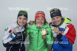 06.03.2016, Oslo, Norway (NOR): Dorothea Wierer (ITA), Laura Dahlmeier (GER), Marie Dorin Habert (FRA), (l-r) - IBU world championships biathlon, medals, Oslo (NOR). www.nordicfocus.com. © NordicFocus. Every downloaded picture is fee-liable.