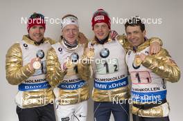 12.03.2016, Oslo, Norway (NOR): Emil Hegle Svendsen (NOR), Johannes Thingnes Boe (NOR), Tarjei Boe (NOR), Ole Einar Bjoerndalen (NOR), (l-r), (l-r) - IBU world championships biathlon, relay men, Oslo (NOR). www.nordicfocus.com. © NordicFocus. Every downloaded picture is fee-liable.
