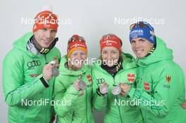 03.03.2016, Oslo, Norway (NOR): Arnd Peiffer (GER), Franziska Hildebrand (GER), Franziska Preuss (GER), Simon Schempp (GER) - IBU world championships biathlon, medals, Oslo (NOR). www.nordicfocus.com. © NordicFocus. Every downloaded picture is fee-liable.