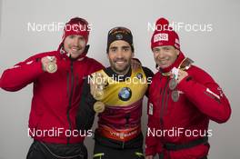 06.03.2016, Oslo, Norway (NOR): Emil Hegle Svendsen (NOR), Martin Fourcade (FRA), Ole Einar Bjoerndalen (NOR), (l-r) - IBU world championships biathlon, medals, Oslo (NOR). www.nordicfocus.com. © NordicFocus. Every downloaded picture is fee-liable.