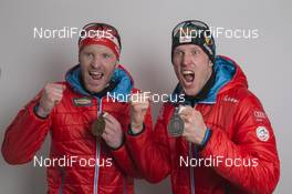 10.03.2016, Oslo, Norway (NOR): Simon Eder (AUT), Dominik Landertinger (AUT), (l-r) - IBU world championships biathlon, medals, Oslo (NOR). www.nordicfocus.com. © NordicFocus. Every downloaded picture is fee-liable.