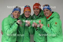 12.03.2016, Oslo, Norway (NOR): Erik Lesser (GER), Benedikt Doll (GER), Arnd Peiffer (GER), Simon Schempp (GER), (l-r) - IBU world championships biathlon, relay men, Oslo (NOR). www.nordicfocus.com. © NordicFocus. Every downloaded picture is fee-liable.