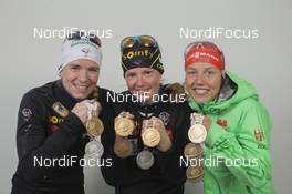 09.03.2016, Oslo, Norway (NOR): Anais Bescond (FRA), Marie Dorin Habert (FRA), Laura Dahlmeier (GER), (l-r) - IBU world championships biathlon, medals, Oslo (NOR). www.nordicfocus.com. © NordicFocus. Every downloaded picture is fee-liable.