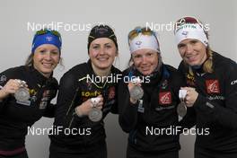 11.03.2016, Oslo, Norway (NOR): Anais Chevalier (FRA), Justine Braisaz (FAR), Anais Bescond (FRA), Marie Dorin Habert (FRA), (l-r) - IBU world championships biathlon, medals, Oslo (NOR). www.nordicfocus.com. © NordicFocus. Every downloaded picture is fee-liable.