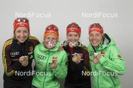 11.03.2016, Oslo, Norway (NOR): Franziska Preuss (GER), Franziska Hildebrand (GER), Maren Hammerschmidt (GER), Laura Dahlmeier (GER), (l-r) - IBU world championships biathlon, medals, Oslo (NOR). www.nordicfocus.com. © NordicFocus. Every downloaded picture is fee-liable.