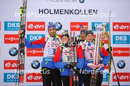 03.03.2016, Oslo, Norway (NOR): Martin Fourcade (FRA), Marie Dorin Habert (FRA), Quentin Fillon Maillet (FRA), Anais Bescond (FRA), (l-r) - IBU world championships biathlon, relay mixed, Oslo (NOR). www.nordicfocus.com. © Tumashov/NordicFocus. Every downloaded picture is fee-liable.