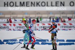 03.03.2016, Oslo, Norway (NOR): Simon Schempp (GER), Tarjei Boe (NOR), Dmytro Pidruchnyi (UKR) - IBU world championships biathlon, relay mixed, Oslo (NOR). www.nordicfocus.com. © Tumashov/NordicFocus. Every downloaded picture is fee-liable.