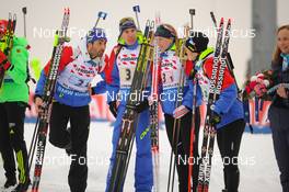 03.03.2016, Oslo, Norway (NOR): Martin Fourcade (FRA), Quentin Fillon Maillet (FRA), Anais Bescond (FRA), Marie Dorin Habert (FRA), (l-r) - IBU world championships biathlon, relay mixed, Oslo (NOR). www.nordicfocus.com. © Tumashov/NordicFocus. Every downloaded picture is fee-liable.