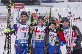 03.03.2016, Oslo, Norway (NOR): Martin Fourcade (FRA), Quentin Fillon Maillet (FRA), Marie Dorin Habert (FRA), Anais Bescond (FRA), (l-r) - IBU world championships biathlon, relay mixed, Oslo (NOR). www.nordicfocus.com. © Manzoni/NordicFocus. Every downloaded picture is fee-liable.