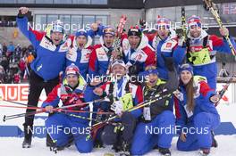 03.03.2016, Oslo, Norway (NOR): Event Feature: The french Team celebrates the first golf medal - IBU world championships biathlon, relay mixed, Oslo (NOR). www.nordicfocus.com. © Manzoni/NordicFocus. Every downloaded picture is fee-liable.