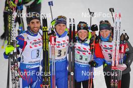 03.03.2016, Oslo, Norway (NOR): Martin Fourcade (FRA), Quentin Fillon Maillet (FRA), Marie Dorin Habert (FRA), Anais Bescond (FRA) - IBU world championships biathlon, relay mixed, Oslo (NOR). www.nordicfocus.com. © Tumashov/NordicFocus. Every downloaded picture is fee-liable.