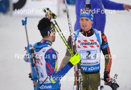 03.03.2016, Oslo, Norway (NOR): Martin Fourcade (FRA), Simon Schempp (GER), (l-r) - IBU world championships biathlon, relay mixed, Oslo (NOR). www.nordicfocus.com. © Tumashov/NordicFocus. Every downloaded picture is fee-liable.
