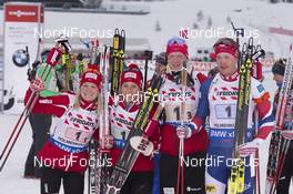 03.03.2016, Oslo, Norway (NOR): Marte Olsbu (NOR), Tiril Eckhoff (NOR), Johannes Thingnes Boe (NOR), Tarjei Boe (NOR), (l-r) - IBU world championships biathlon, relay mixed, Oslo (NOR). www.nordicfocus.com. © Manzoni/NordicFocus. Every downloaded picture is fee-liable.