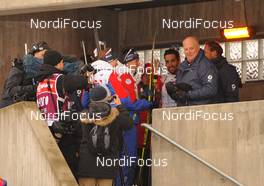 03.03.2016, Oslo, Norway (NOR): Winning team France and King Harald  - IBU world championships biathlon, relay mixed, Oslo (NOR). www.nordicfocus.com. © NordicFocus. Every downloaded picture is fee-liable.