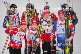 03.03.2016, Oslo, Norway (NOR): Marte Olsbu (NOR), Tiril Eckhoff (NOR), Johannes Thingnes Boe (NOR), Tarjei Boe (NOR), (l-r) - IBU world championships biathlon, relay mixed, Oslo (NOR). www.nordicfocus.com. © Tumashov/NordicFocus. Every downloaded picture is fee-liable.