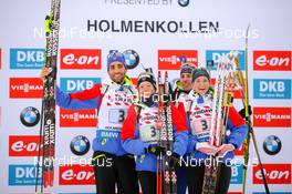 03.03.2016, Oslo, Norway (NOR): Martin Fourcade (FRA), Marie Dorin Habert (FRA), Quentin Fillon Maillet (FRA), Anais Bescond (FRA) - IBU world championships biathlon, relay mixed, Oslo (NOR). www.nordicfocus.com. © Tumashov/NordicFocus. Every downloaded picture is fee-liable.